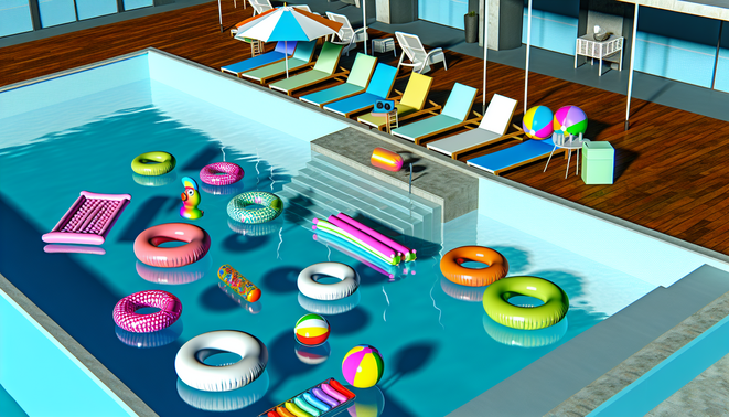 alt_text: A vibrant pool scene featuring colorful floats, lounge chairs, and fun accessories for summer enjoyment.