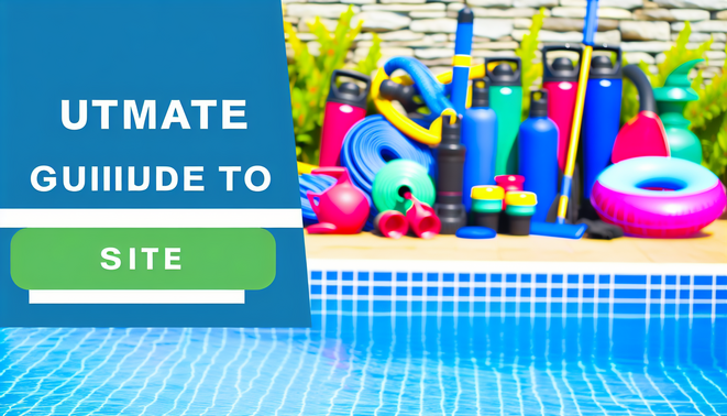 alt_text: Colorful pool equipment and accessories beside a clear pool, with the title 'Ultimate Guide to Pool Equipment'.