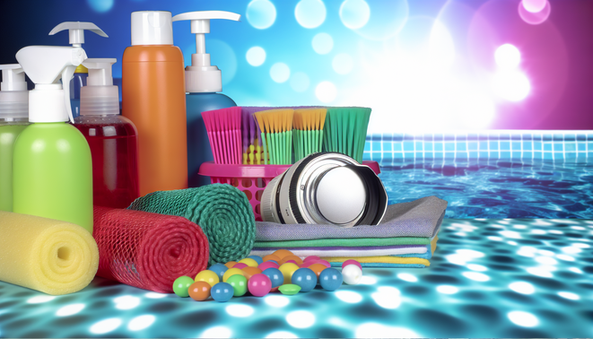 alt_text: "Colorful pool supplies arranged by shimmering water, evoking summer vibes for 'Pool Supply Essentials'."