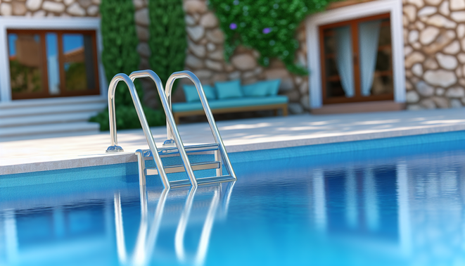 alt_text: Svadon’s sleek in-ground pool ladder combines safety and style for your ultimate relaxation.