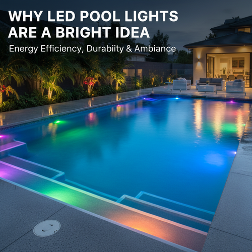 alt_text: Svadon's vibrant LED pool light beautifully illuminates your swimming pool for a colorful night swim.